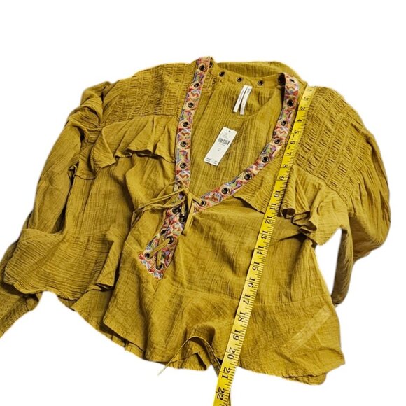 Anthropologie Embellished Grommet Ruffled Blouse, Maize, Cotton, Boho, Size M - Picture 7 of 10